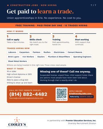Get paid to learn a trade flyer